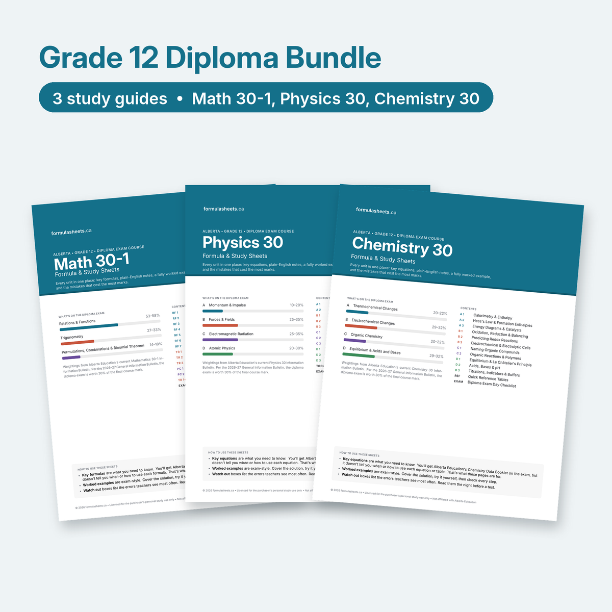 Grade 12 Diploma Bundle: Math 30-1, Physics 30 & Chemistry 30 Study Guides