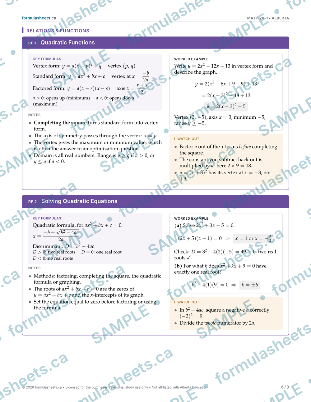 Math 20-1 Study Guide: Formulas, Notes & Worked Examples