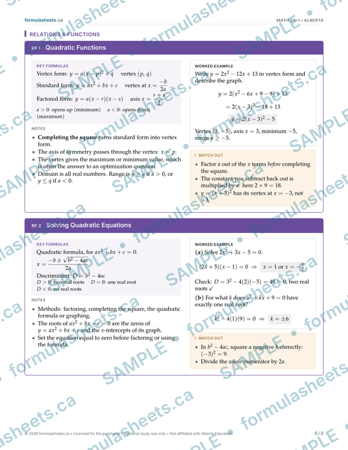 Math 20-1 Study Guide: Formulas, Notes & Worked Examples